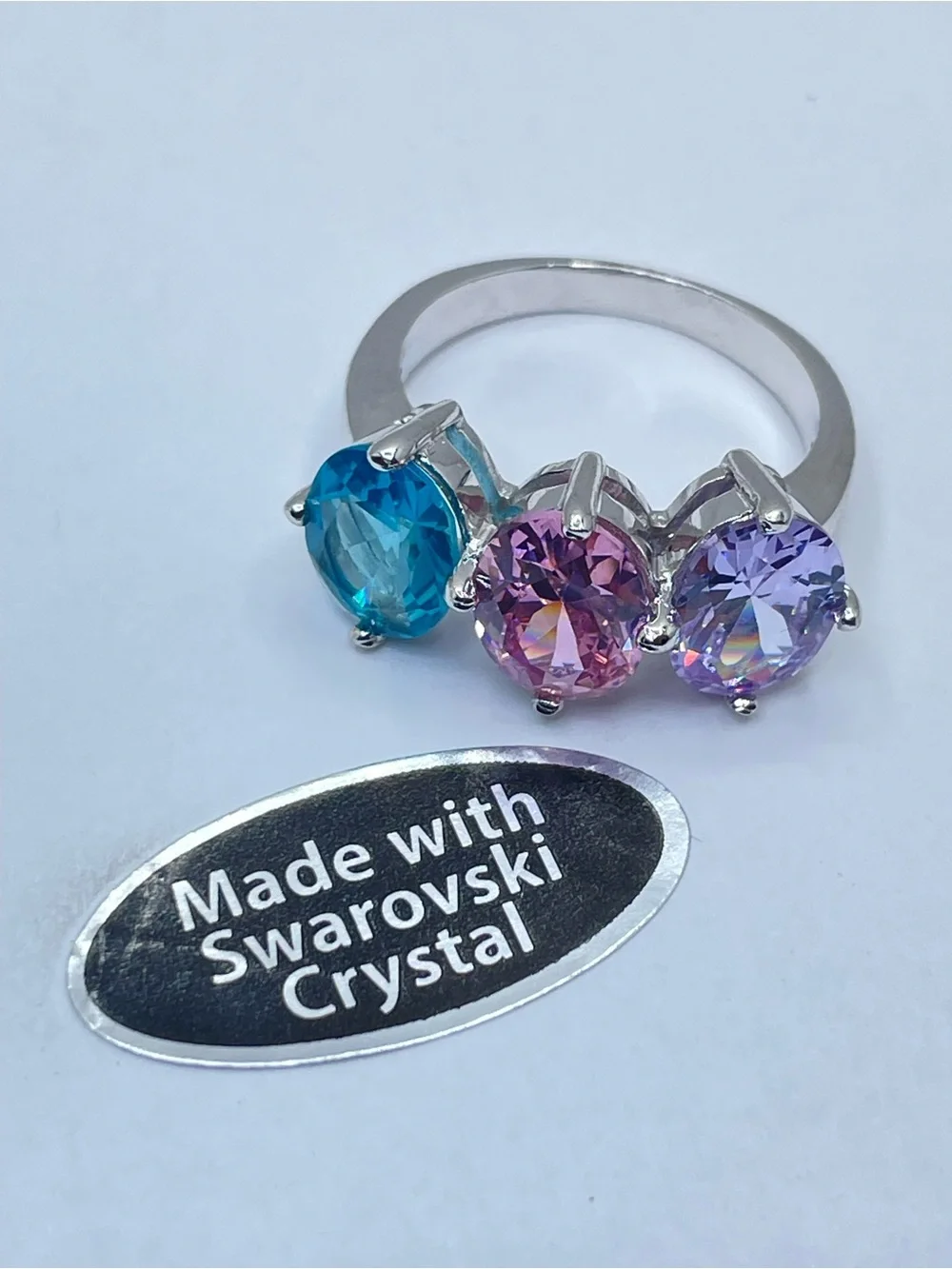 Swarovski Crystal Elements 3 Stone Silver Ring Pink Blue Purple Sz 7 Statement